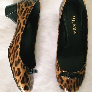 PRADA Logo Close Toe Low Block Heels Leopard 6.5